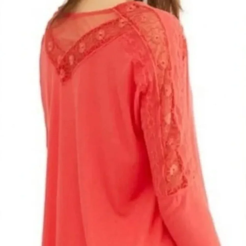 Free People | Oversized Lola Lace Long Sleeve Top in Rose Crimson | Size XS
